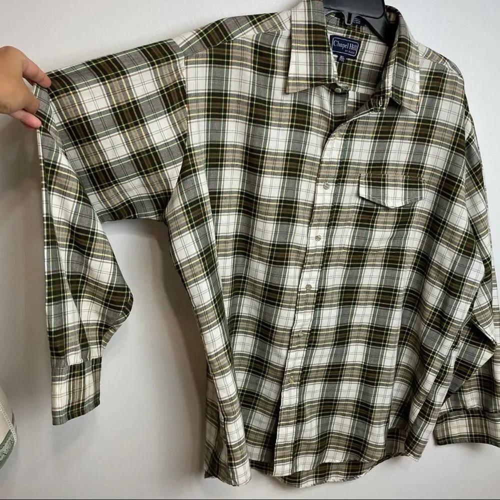 Chapel Hill Yellow White Green Plaid Cotton Blend Button Down Shirt size  XL